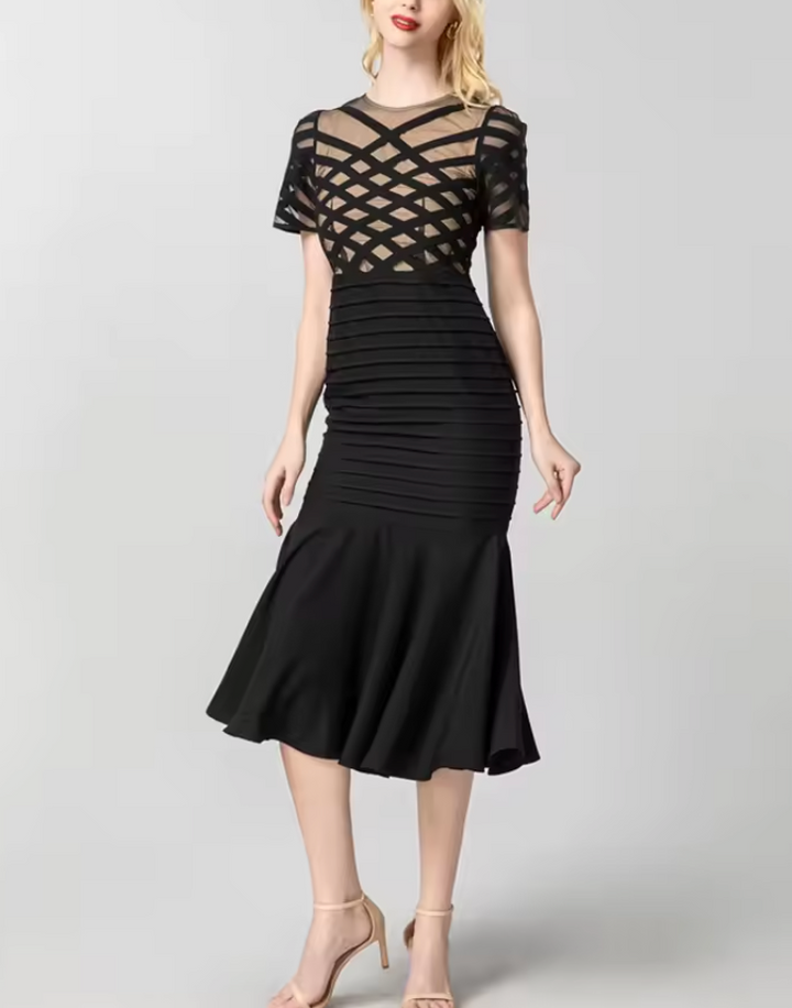 فستان ميدي بشريط شبكي وحافة حورية البحر – أستريد