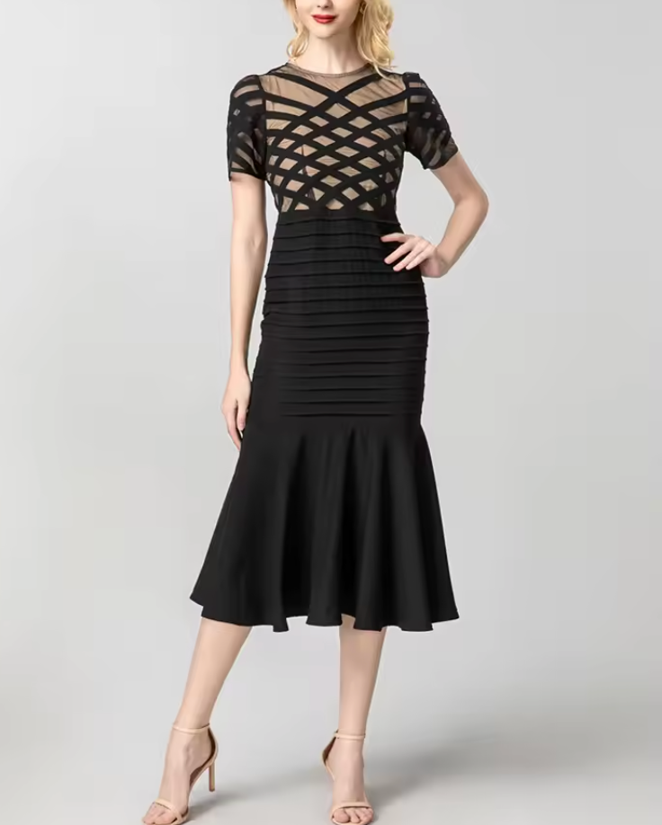 فستان ميدي بشريط شبكي وحافة حورية البحر – أستريد