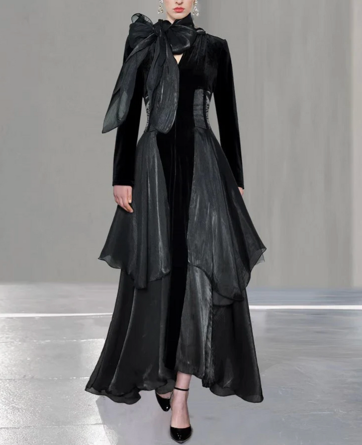 فستان شيفون مخملي متعدد الطبقات مع رقبة على شكل فيونكة –نوار إيكلات