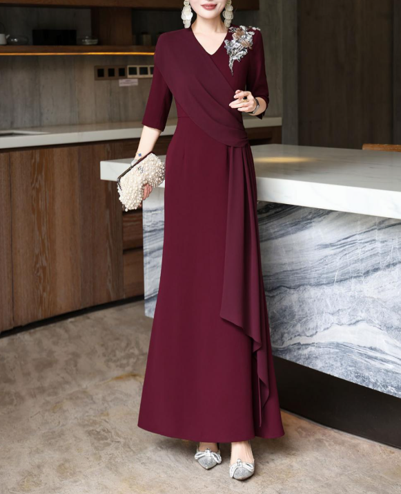 wrap-front evening dress with cascading drape – GARNETTA