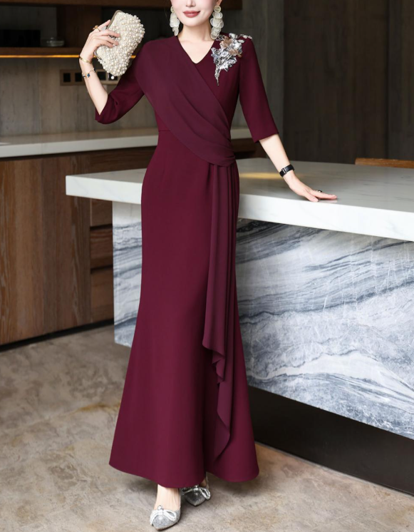 wrap-front evening dress with cascading drape – GARNETTA