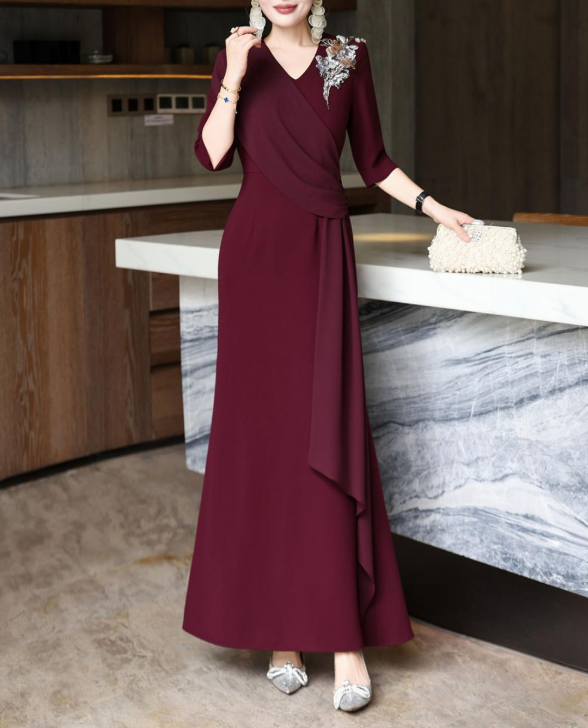 wrap-front evening dress with cascading drape – GARNETTA