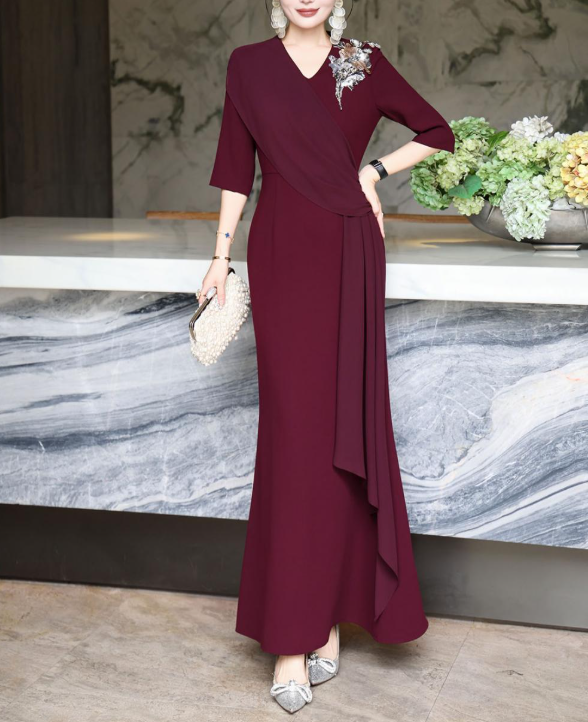 wrap-front evening dress with cascading drape – GARNETTA