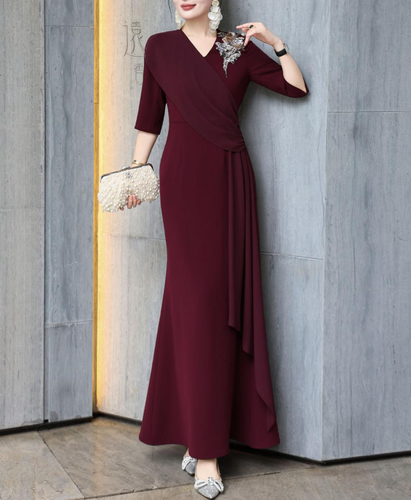 wrap-front evening dress with cascading drape – GARNETTA