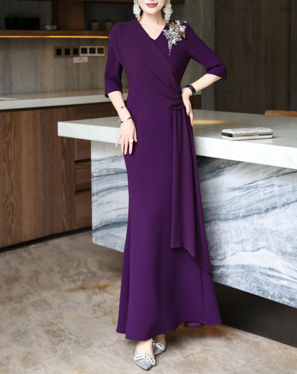 wrap-front evening dress with cascading drape – GARNETTA