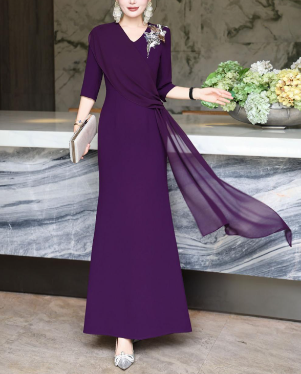 wrap-front evening dress with cascading drape – GARNETTA