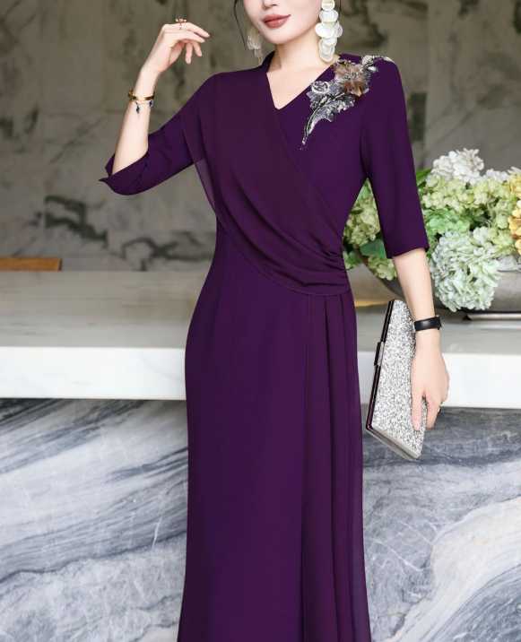 wrap-front evening dress with cascading drape – GARNETTA