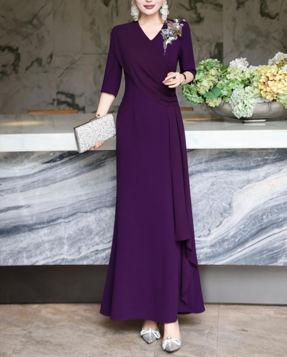 wrap-front evening dress with cascading drape – GARNETTA