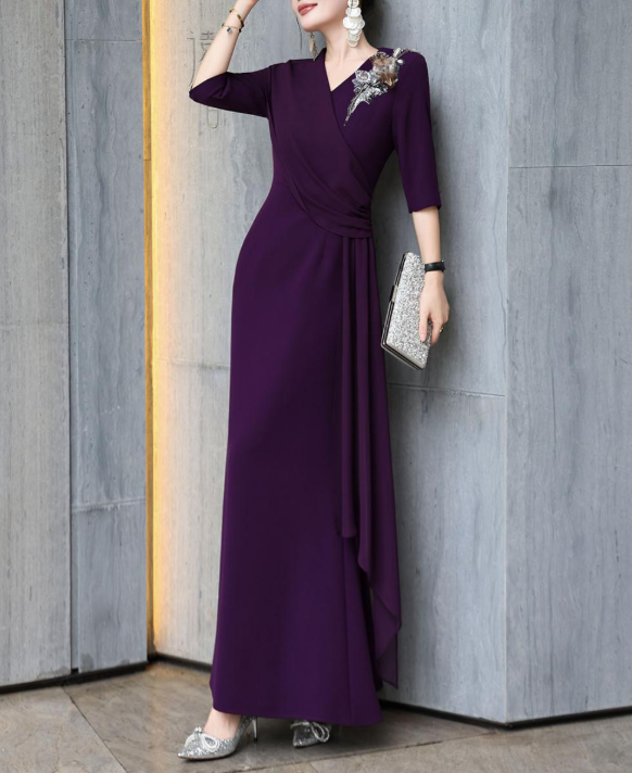 wrap-front evening dress with cascading drape – GARNETTA