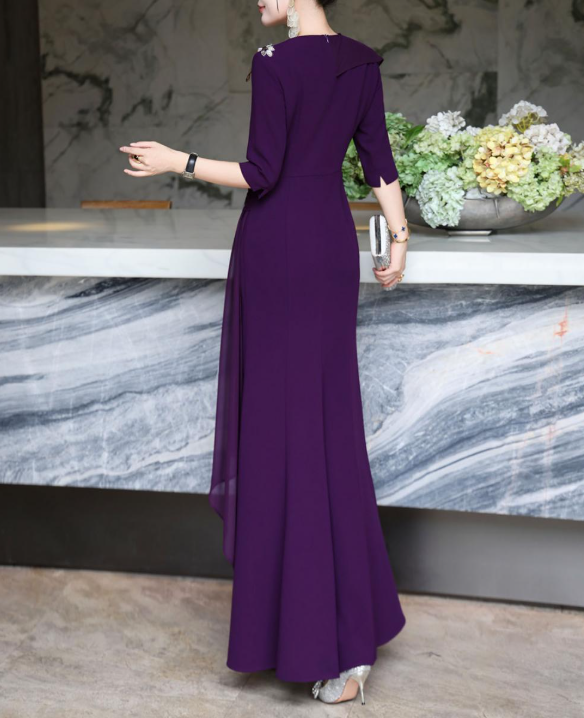 wrap-front evening dress with cascading drape – GARNETTA