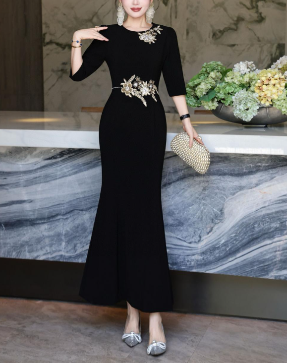 embroidered column dress with golden floral accents – MAJESTA