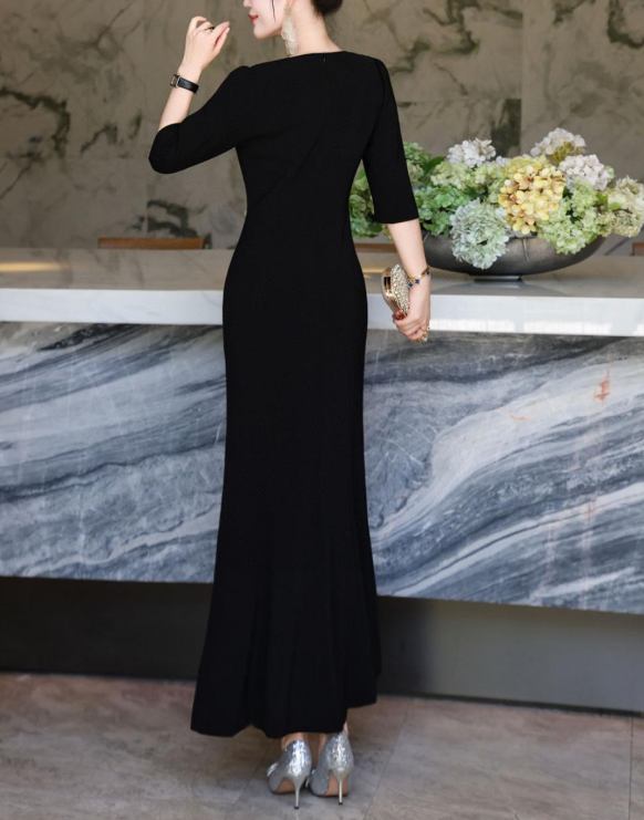 embroidered column dress with golden floral accents – MAJESTA