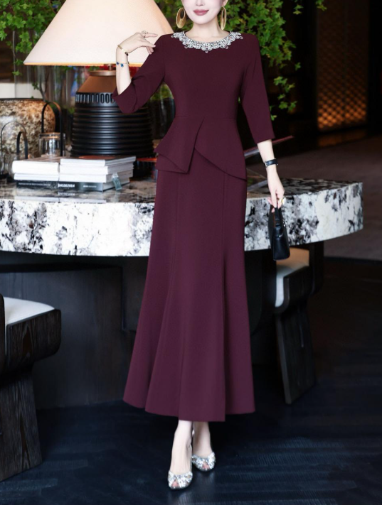 peplum evening dress with embellished neckline – MERLOT