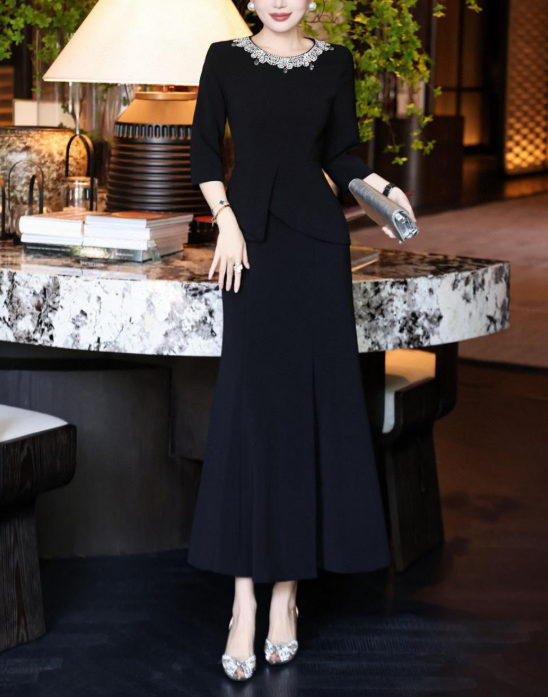 peplum evening dress with embellished neckline – MERLOT