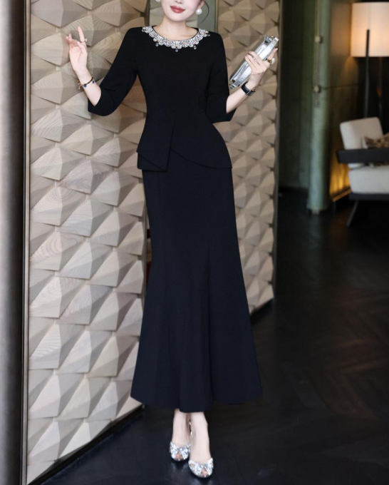 peplum evening dress with embellished neckline – MERLOT