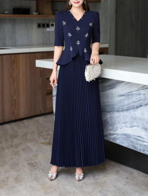 pleated maxi dress with embellished bodice – AUBERGINE