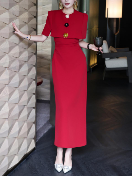 structured cape-shoulder dress with jeweled accents – MAISON