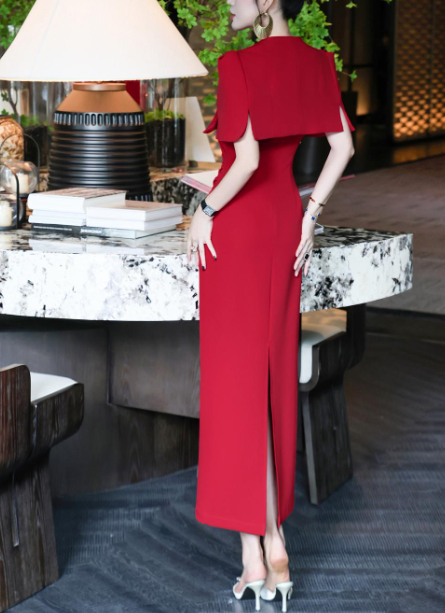 structured cape-shoulder dress with jeweled accents – MAISON