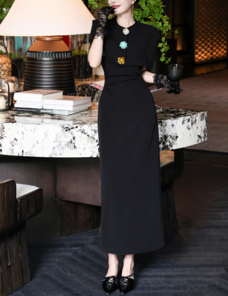 structured cape-shoulder dress with jeweled accents – MAISON