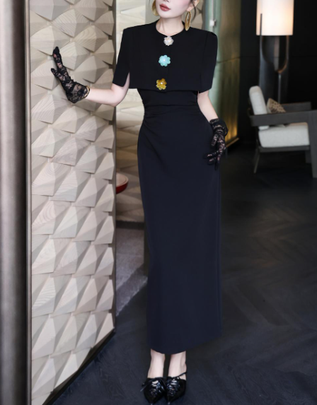 structured cape-shoulder dress with jeweled accents – MAISON