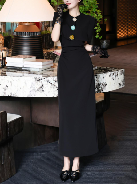 structured cape-shoulder dress with jeweled accents – MAISON