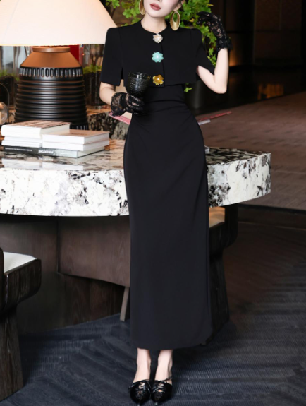 structured cape-shoulder dress with jeweled accents – MAISON