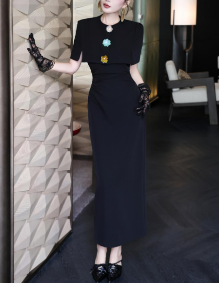 structured cape-shoulder dress with jeweled accents – MAISON