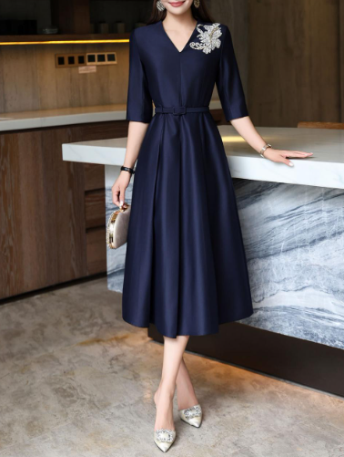 elegant A-line dress with embellished shoulder – MIDNIGHT