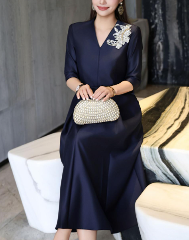 elegant A-line dress with embellished shoulder – MIDNIGHT