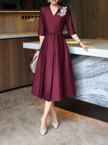 elegant A-line dress with embellished shoulder – MIDNIGHT