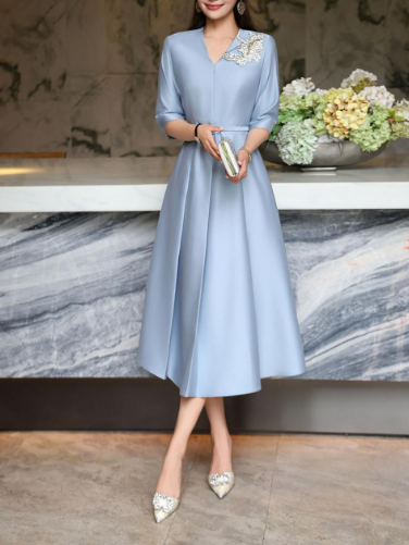 elegant A-line dress with embellished shoulder – MIDNIGHT