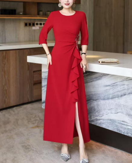 ruffle-draped evening dress with side embellishment – SCARLET