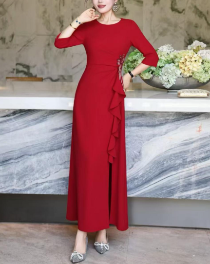 ruffle-draped evening dress with side embellishment – SCARLET