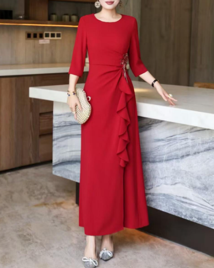 ruffle-draped evening dress with side embellishment – SCARLET