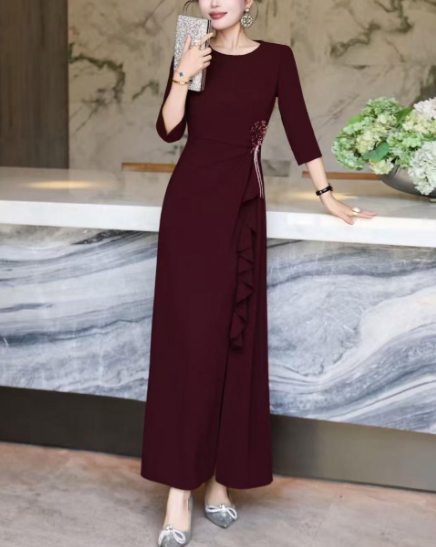 ruffle-draped evening dress with side embellishment – SCARLET