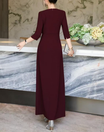 ruffle-draped evening dress with side embellishment – SCARLET