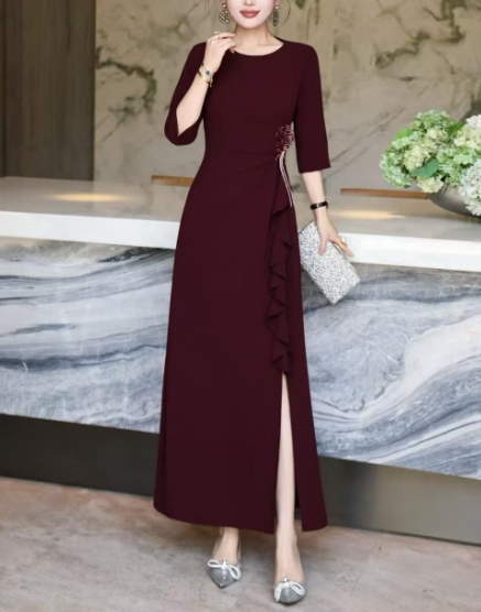 ruffle-draped evening dress with side embellishment – SCARLET