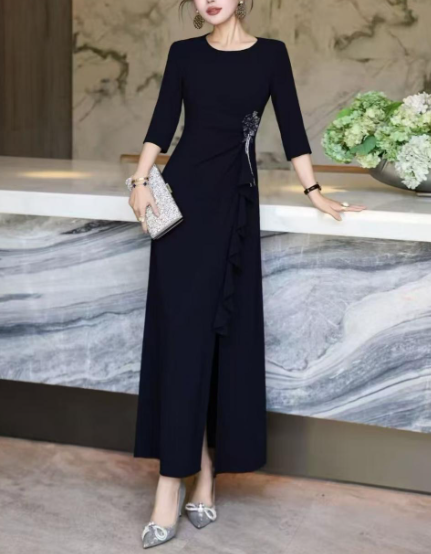 ruffle-draped evening dress with side embellishment – SCARLET