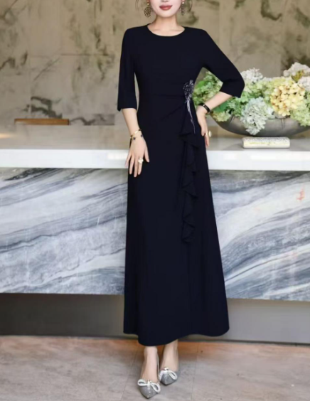 ruffle-draped evening dress with side embellishment – SCARLET