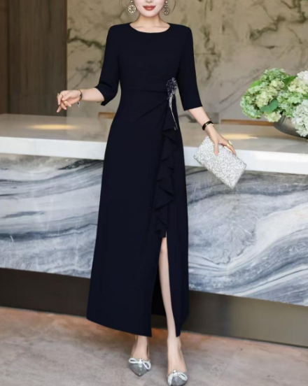 ruffle-draped evening dress with side embellishment – SCARLET