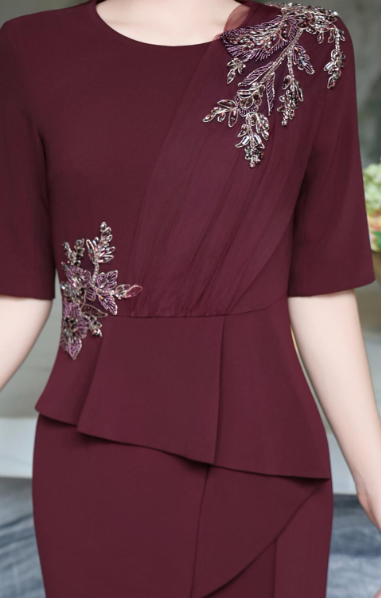 embroidered peplum gown with front slit – MERLOT