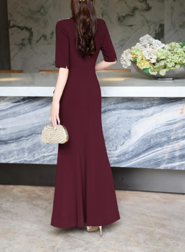 embroidered peplum gown with front slit – MERLOT