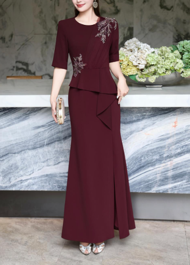 embroidered peplum gown with front slit – MERLOT