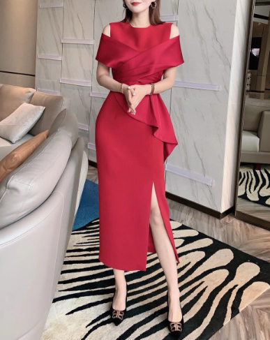off-shoulder draped cocktail dress with sculpted peplum – CRIMSON