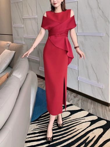 off-shoulder draped cocktail dress with sculpted peplum – CRIMSON