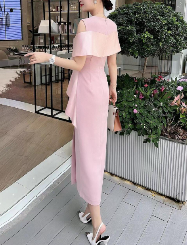 off-shoulder draped cocktail dress with sculpted peplum – CRIMSON