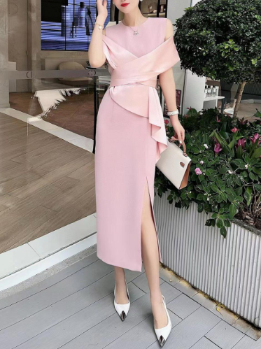 off-shoulder draped cocktail dress with sculpted peplum – CRIMSON