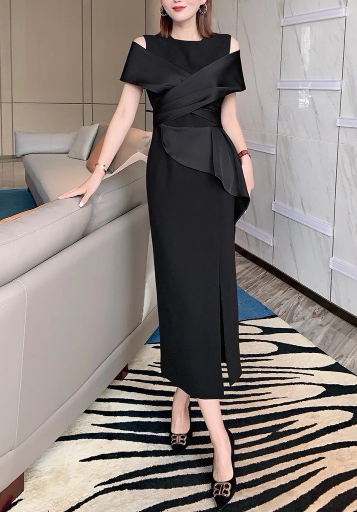 off-shoulder draped cocktail dress with sculpted peplum – CRIMSON