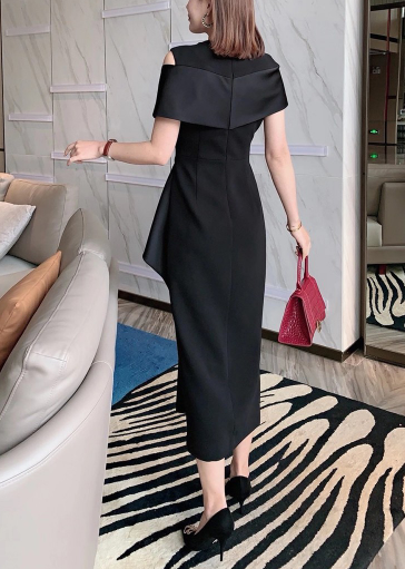 off-shoulder draped cocktail dress with sculpted peplum – CRIMSON