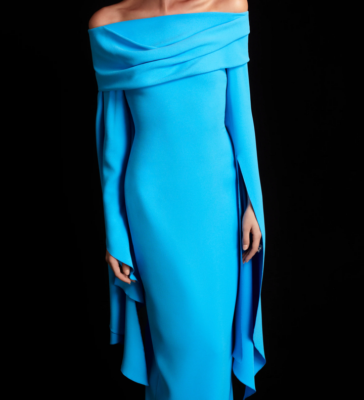 فستان عمودي مكشوف الكتفين بأكمام متتالية - أزرق سماوي